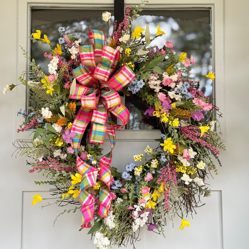 Multi-color Spring Floral Wreath with Plaid Bow